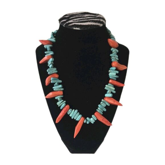 Vintage Southwestern Style Sterling Silver Turquoise & Coral Statement Necklace - Picture 3 of 5